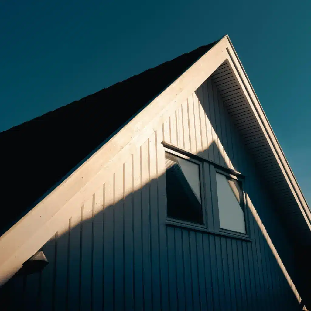 Low-angle view of a steep residential roof gable with white soffit trim and vertical siding against a deep blue sky in Sydney.