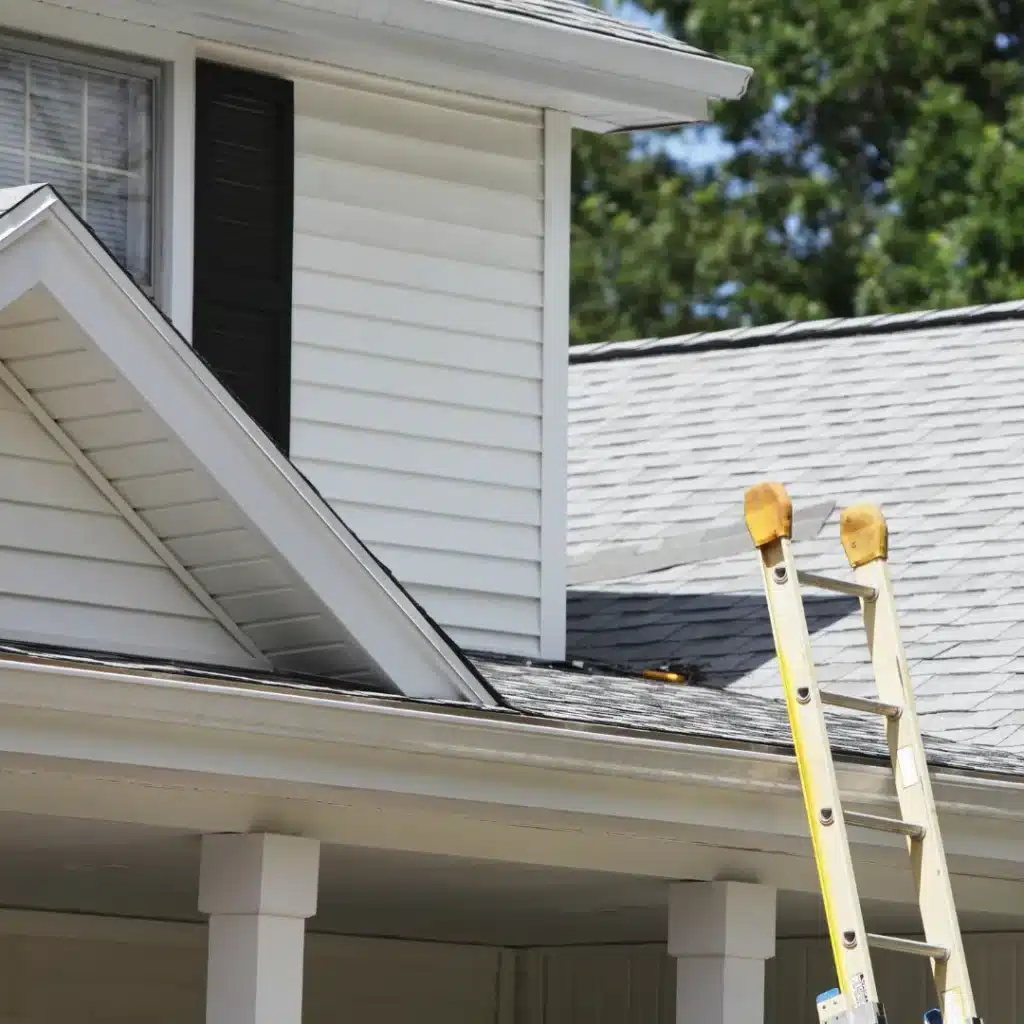 Extension ladder propped against the roof edge of a white two-story house for gutter cleaning in Sydney.