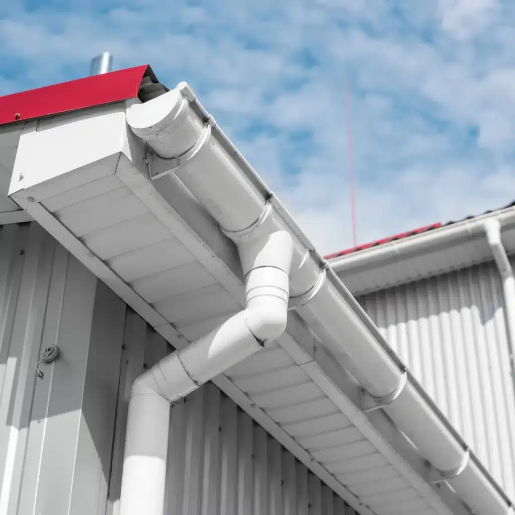 White round gutter with end cap and downspout elbow on a metal siding building in Sydney.