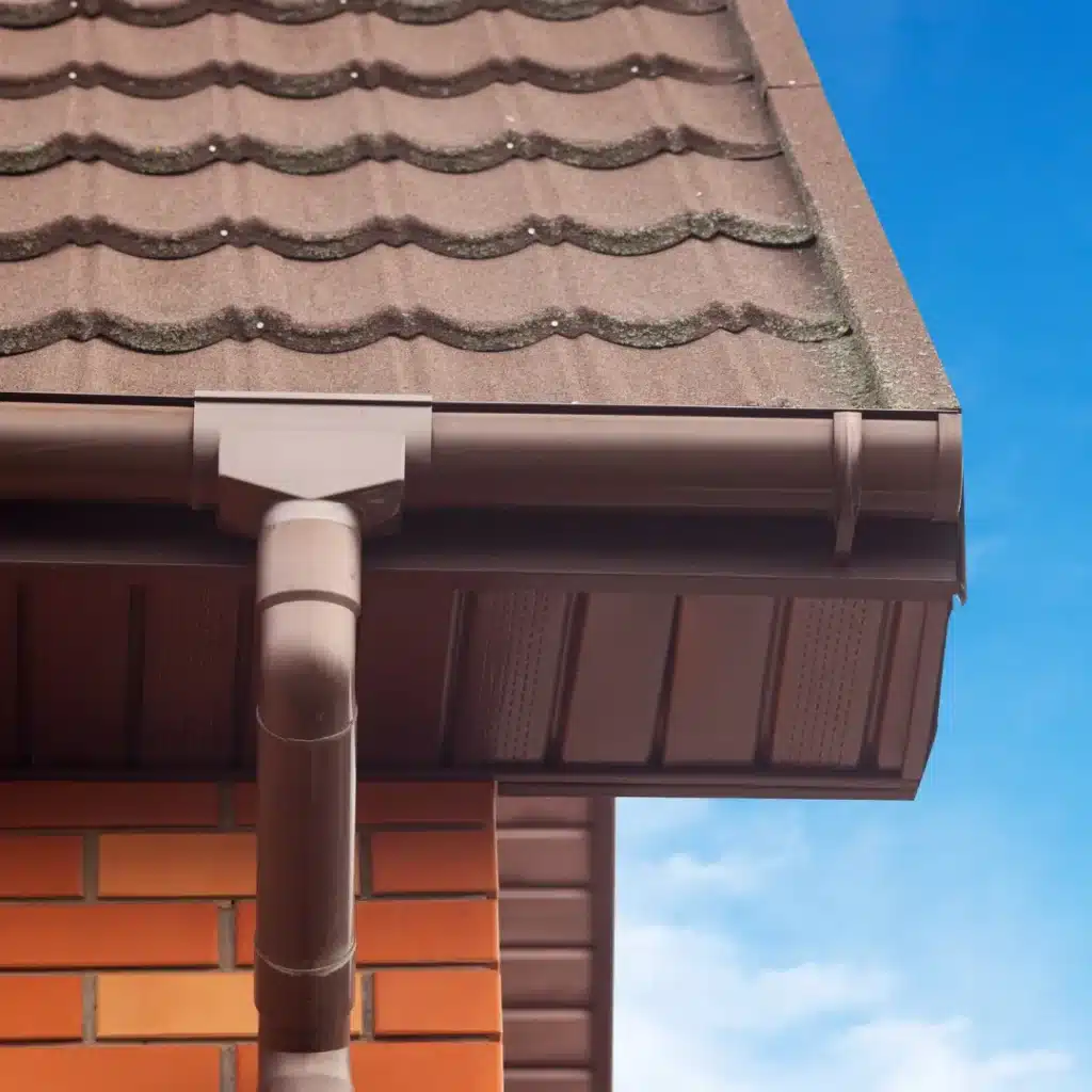 Dark brown half-round rain gutter and downspout connection installed on a brick home roofline in Sydney.